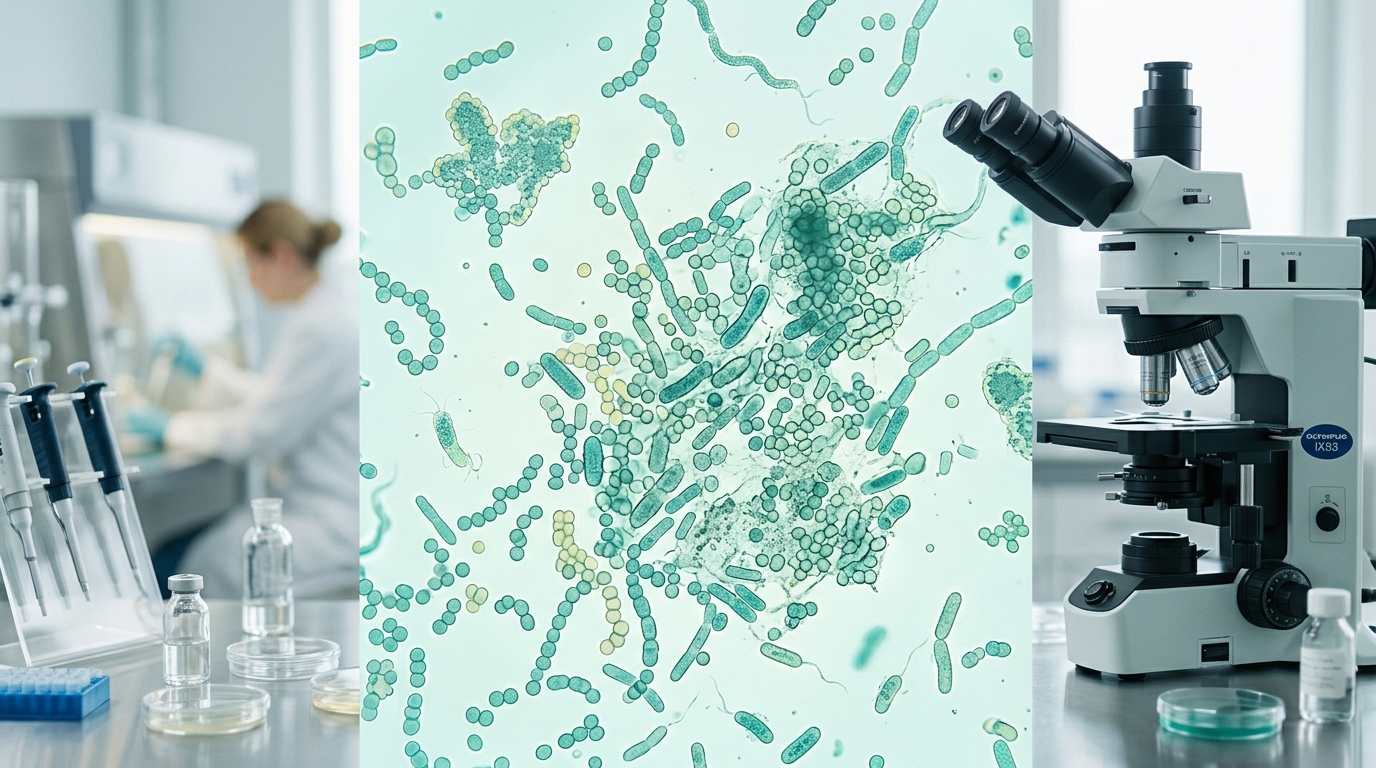 Visão microscópica da bactéria em laboratório clínico